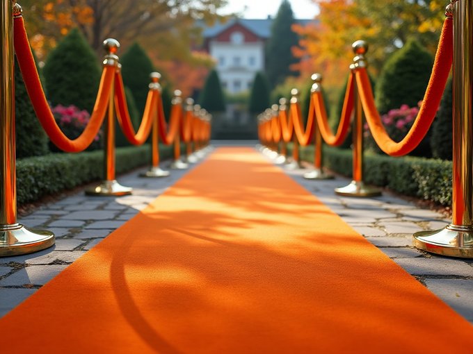 orange carpet and stanchions